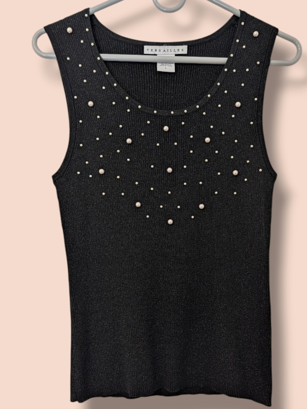 Versailles Vintage Black Pearl Shiny Metallic Scoop Neck Ribbed Silk Knit Tank L